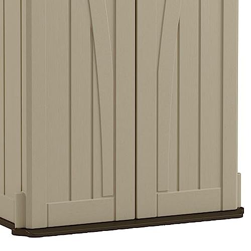 Suncast Vertical Shed, Compact Outdoor Storage System, 22 Cu. Ft. Capacity, Sand & Mustang - Lockable Multi-Wall Resin Organizer for Long-Handle Tools, Garden Supplies and Yard Equipment