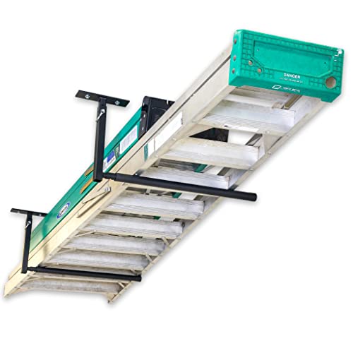 StoreYourBoard Adjustable Overhead Ladder Rack – Garage Organizer Ladder Shelf for Step & Extension Ladders - Storage Racks and Shelving for Garage Organization - Ceiling Mounted - Holds 75 lbs