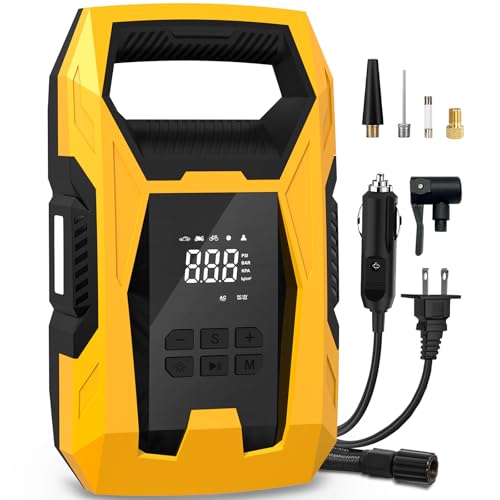 CARSUN AC/DC Tire Inflator Portable Air Compressor, Dual Power for Home 110V AC and Car 12V DC Air Pump with Pressure Gauge, Auto Shutoff, Tire Pump for Car Motorcycle Bicycle and Other Inflatables