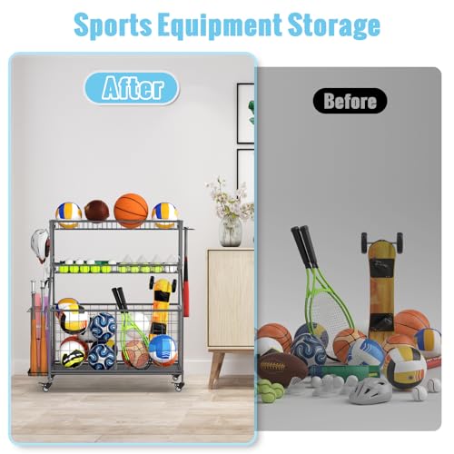 WUC Sports Equipment Garage Organizer - Garage Ball Storage Rack with Basket, Hooks and Rolling Cart for Sports Gear and Toy Storage, Grey