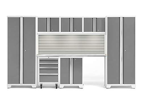 ‎‎‎‎NewAge Products Garage Cabinet Bold Series 8 PC Set White (2X 30 Locker, Rolling Tool Drawer, 2-Door Base, 3 Wall Cabinet, 72" Stainless Steel Worktop, Slatwall Backsplash, LED Lights), 54938