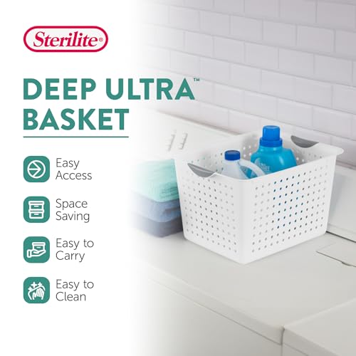 Sterilite 6-Pack Deep Ultra Basket, Open Top Plastic Storage Organizer, White - Large Containers for Organizing Pantry Shelves, Kitchen Cabinets, Laundry Areas, Dorm Rooms, and Classrooms