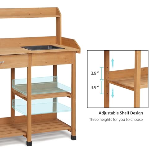 Yaheetech Potting Bench Outdoor Garden Work Bench Station Planting Solid Wood Construction for Horticulture w/Sink Drawer Rack Shelves Natural Wood