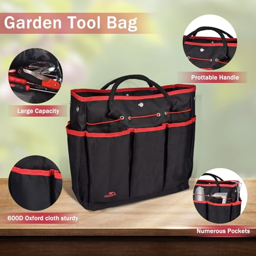 Red Gardening Tools, WisaKey 9 Piece Stainless Steel Heavy Duty Garden Tools with Non-Slip Ergonomic Handle, Garden Tote Bag, Garden kit, Gardening Gifts for Women Mothers