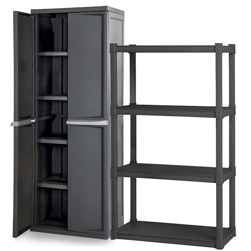 Sterilite 4 Shelf Plastic Storage Unit Bundled with Easy to Assemble Storage Cabinet for Garage, Pantry & Kitchen Organization, 4 Shelves, Gray