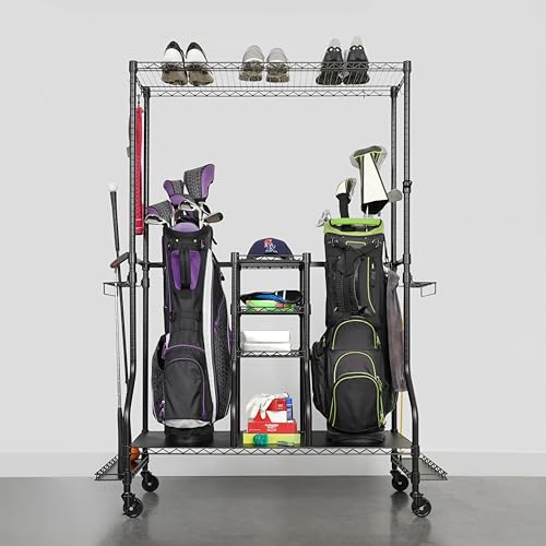 SafeRacks Golf Equipment Organizer Rack, Golf Bag Storage Rack for Garage, Fits 2 XL Bags & Accessories - Standard and Deluxe (Deluxe, Black)