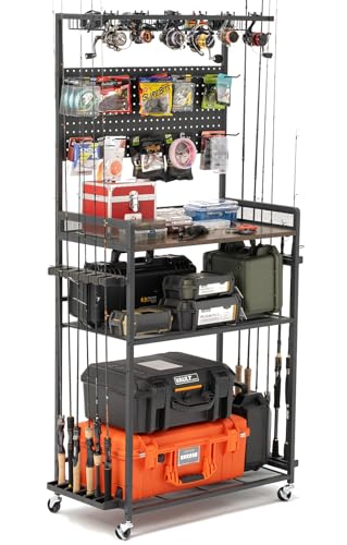 SOYEEZE Fishing Rod Holders for Garage,Fishing Gear Holder for Fishing Rod Tackle Box Storage，Fishing Pole Holders for 12 Rods with Hooks and Pegboard,Fishing Cart with Reel Rack, Large Size