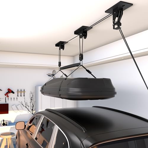 KOSEOO Cargo Box Pulley System for Garage Storage, Heavy-Duty Kayak/Canoes/Bikes/Ladders Ceiling Hoist, Hold Up to 150 lbs Capacity, Fit 10-18 Foot Ceilings, Black
