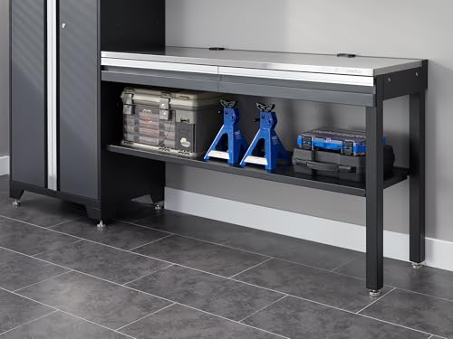 NewAge Products Bold Series Gray 5 Piece Set with 30 in Locker, 60 in Wall Cabinet, 60 in RTA Workbench and Stainless Steel Worktop, 24-Gauge Heavy Duty Steel Garage Storage Cabinets, 73513