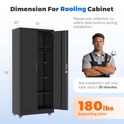 INTERGREAT Metal Storage Cabinet with Wheels, 73" Garage Storage Cabinets with Door and 4 Shelves, Tool Storage Locker on Caster for Home, Office, Black