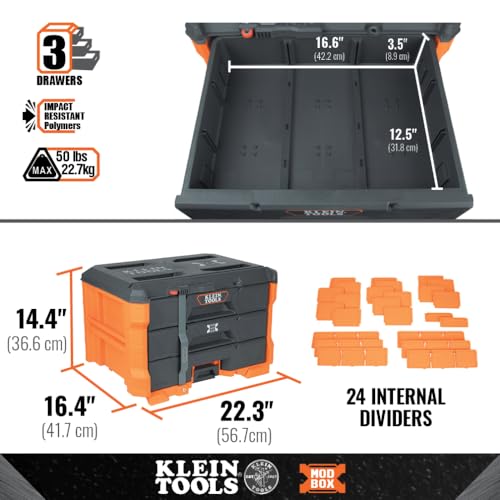 Klein Tools 54823MB MODbox 3-Drawer Tool Box Organizer, Heavy-Duty Tool Storage, Stackable Module, 50-Pound Capacity