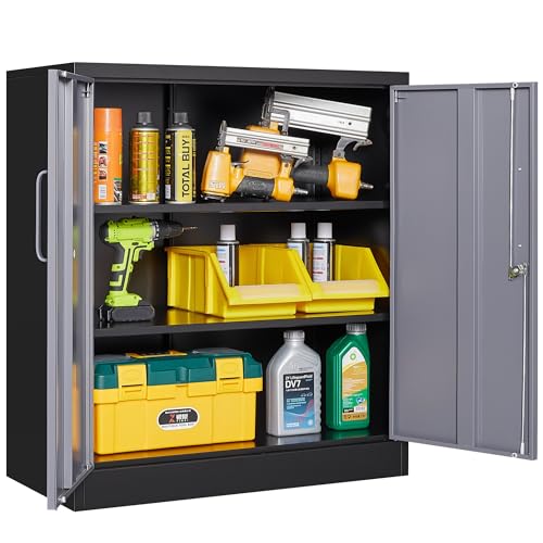 SISESOL Metal Storage Cabinet with Doors and Shelves,Garage Storage Cabinet with Lock,Black Grey Metal Cabinets with Locking Doors,Steel Cupboard for Home,Office,Garage Cabinets 36" H