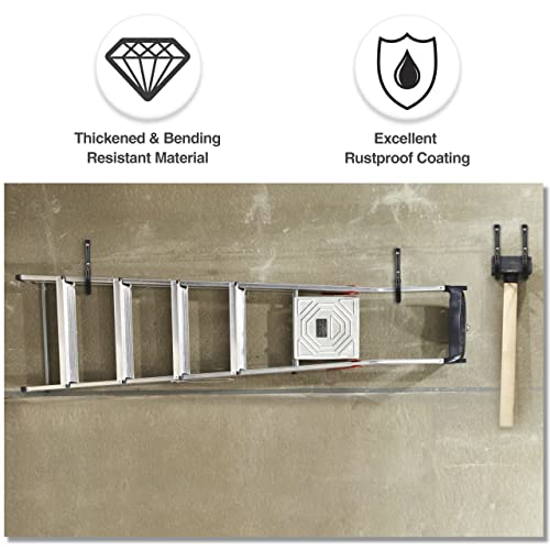 KURUI Wall Hooks for Garage Garden, 4 Pack Water Hose Holder, Large Garage Storage Hanger for Ladder Bike Extension Cord Tool, Wall Mount l Hooks, Black Heavy Duty 8 inch Long Hook