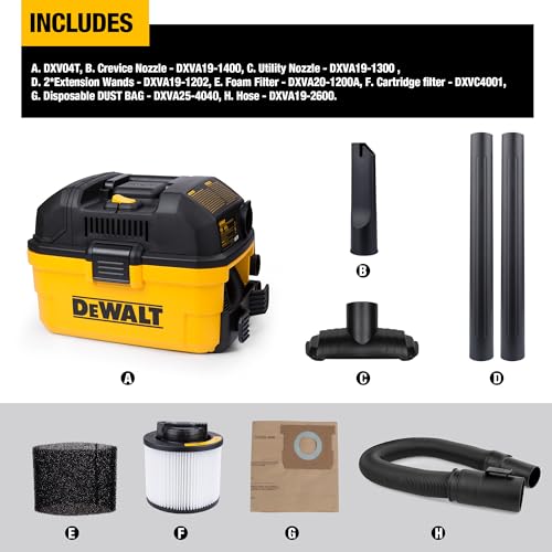 DEWALT DXV04T 4 Gallon Wet/Dry Shop Vacuum, 5 Peak HP Portable Corded Vac with Utility and Crevice Nozzles