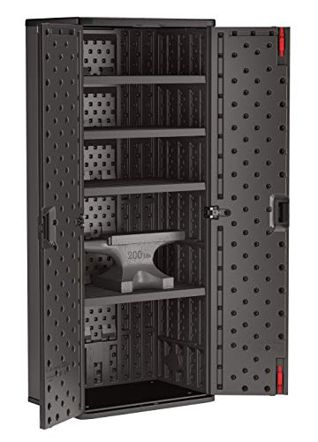Suncast 19 Cubic Ft. Heavy-Duty Resin Cabinet with Lockable Handles, Multi-Wall Construction, and Metal-Reinforced Shelves for Basement, Utility Room and Garage Storage, Black, Made in the USA