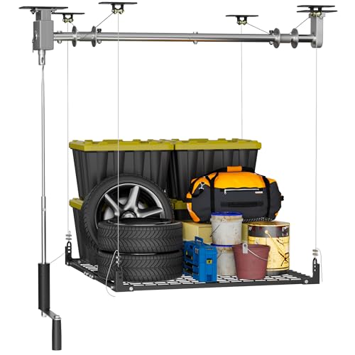 YOHKOH 4x4 Ft Overhead Garage Storage Rack with Lifting, 400lbs Garage Storage Lift for Ceiling, 59.1'' Axle Heavy-Duty Metal Garage Ceiling Rack, Black