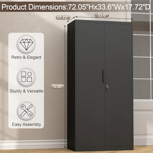 GREATMEET Metal Garage Storage Cabinets, 72" H Locking Garage Cabinets with 2 Doors and 4 Shelves, Utility Cabinet for Office, Garage, Home, Gym, School, Black