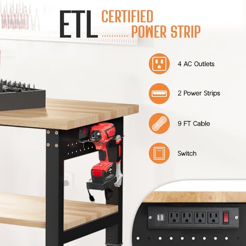 Albott 48" Adjustable 2-Tier Workbench with Solid Wood Top, Max 2500lbs Capacity, Built-in Power Strip with 4 AC Outlets & 2 USB Ports, Pegboard & 20 Hooks, Shop Garage Office