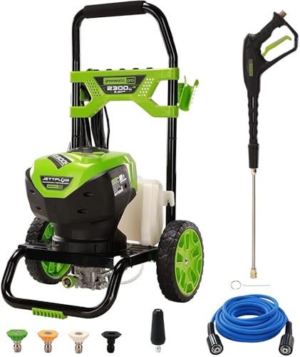 Greenworks 2300 PSI (2.3 GPM Max) Electric Pressure Washer (25°, 40°, Soap, and Turbo Nozzle) For Use On Decks, Fences, Concrete Patios, Sidewalks & More. Medium-Duty