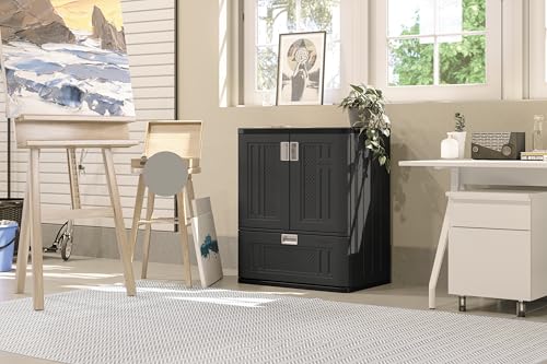 Suncast Base Storage Cabinet with Drawer for Garage Organization - Lockable Single-Drawer Organizer with Shelf for Garden Supplies, Paint Cans & Outdoor Tools, Multi-Wall Resin Construction, Black