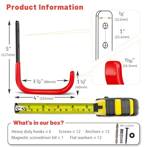 SunVFaFa 4 Inch Garage Hooks, 6 Pack Heavy Duty Wall Hooks for Hanging, Ladder Hangers for Garage Wall Mount, Steel J Utility Garden Hose Holder Tool Organizers and Storage(55lbs)