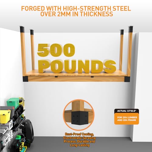 GOOCORREC Heavy Duty Overhead Garage Storage Rack Kit for 2x4 Wood (Actual 1.5"x3.5") - DIY Ceiling Storage System, 500 lbs Capacity, Easy Install, Metal Brackets (No Lumber Included)