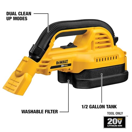 DEWALT 20V MAX Hand Vacuum, Cordless, for Wet or Dry Surfaces, 1/2-Gallon Tank, Washable Filter, Portable, Bare Tool Only (DCV517B)