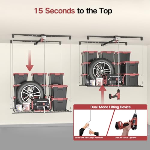Overhead Garage Storage Rack for 12–14 FT Ceiling, Heavy-duty 4x4 FT Ceiling Storage Racks with Safety Lock, Ideal for Garage Storage Mounted Lift System and Storage Organizer, 250lbs Capacity