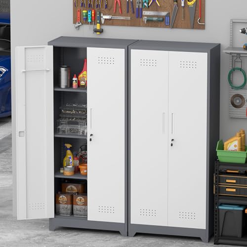 IRONFFICE Metal Garage Storage Cabinets,Broom Closet Storage Cabinet with Doors and Shelves,Tall Utility Closet Cabinet with Pegboard,Laundry Cabinet for Garage,Warehouse,Home,Basement,Grey-White