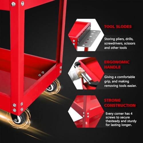 YATOINTO Updated Rolling Tool Cart 330LBS Metal 3 Tier Rolling Cart Carts with Wheels Heavy Duty Utility Carts, Ergonomic Handle Rolling Mechanic Tool Cart Storage Organizer for Warehouse Garage