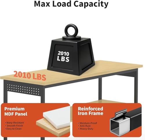 60" Adjustable Height Workbench,9-Level Heavy Duty Work Table with Storage Shelf Pegboard LED Light & Built-in Power Strip, 2010 lbs Load Capacity Rolling Tool Bench for Garage Workshop