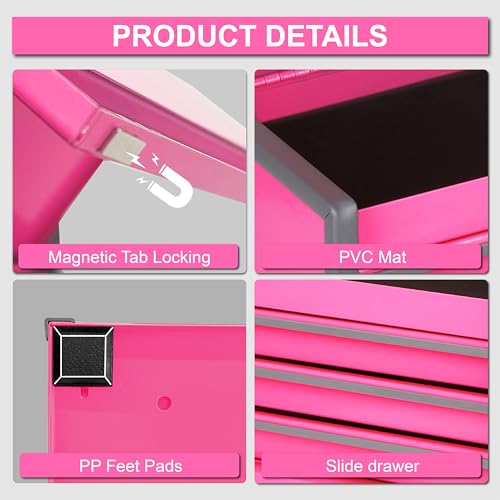 P.I.T. Mini Tool Box 8.6"W X 4.6"D, Portable 3 Drawer Steel Stackable Pink Tool Box with Magnetic Tab Locking, Pink Micro Top Chest with Liner for Tools Storage and Organizers, Home DIY