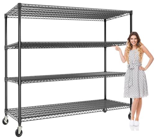 4-Tiers Storage Shelves 73" H Heavy Duty Metal Shelving with Wheels, 2640LBS Load Wire Shelving Rack Garage Shelves for Pantry Kitchen Industrial Warehouse Office, 59" W x 23.9" D