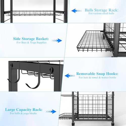 DUDUXI Sports Equipment Garage Organizer,Garage Ball Storage Rack for Sports with Wheels-Upgraded 3 Layers Sports Organizer Rack Outdoor Basketball Racks for Balls with Holder and Hooks