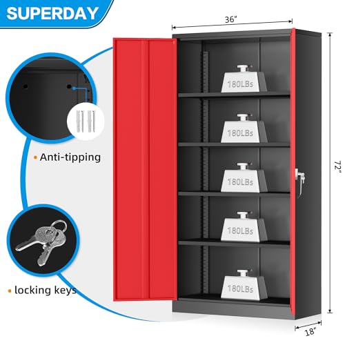 Superday 72" Lockable Steel Storage Cabinet, Locking Metal Storage Cabinets, Tall Black Red Cabinet with 2 Doors and 4 Adjustable Shelves for Garage, Home Office, Classroom, File, Easy Assemble