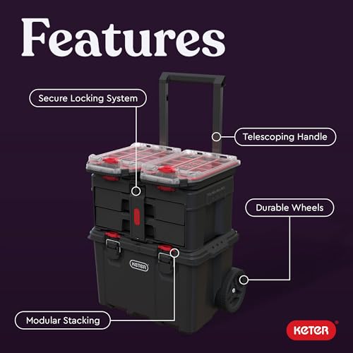 Stack N’ Roll 4-Piece Rolling Tool Storage System – Includes Large Rolling Tool Box, 2-Drawer Tool Box & 2 Tray Organizers | Modular Stackable Tool Storage with Wheels for Garage & Workshop