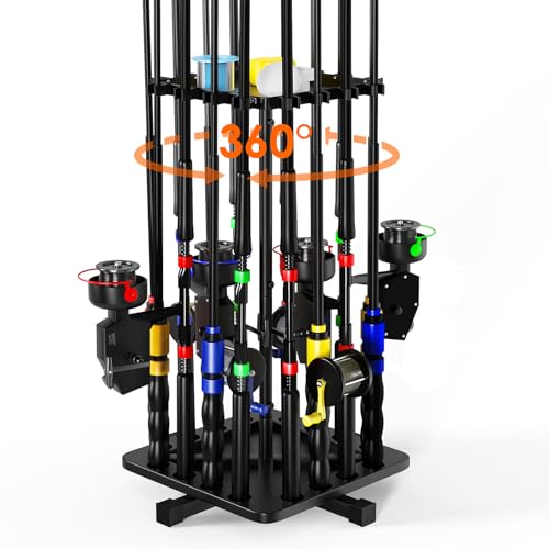 Roylvan Fishing Rod Holders for Garage, 360° Rotating Vertical Fishing Rod Rack, Metal Fishing Pole Stand Holds 16 Rods, Fishing Gear Equipment Storage Organizer for Ground, Fishing Gifts for Men
