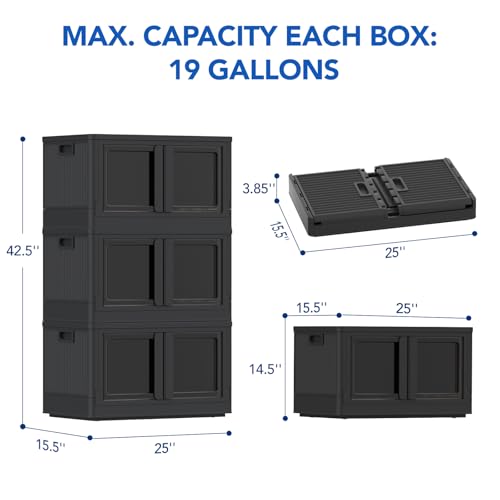 FLEXIMOUNTS 228 QT Stackable Storage Bins With Lids, Collapsible Plastic Storage Bins With Doors and Built-in Wheels For Home Dorm Closet Organizers and Storage, 3 Pack Cubes, Black
