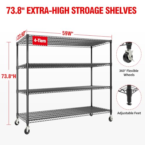 4-Tiers Storage Shelves 73" H Heavy Duty Metal Shelving with Wheels, 2640LBS Load Wire Shelving Rack Garage Shelves for Pantry Kitchen Industrial Warehouse Office, 59" W x 23.9" D