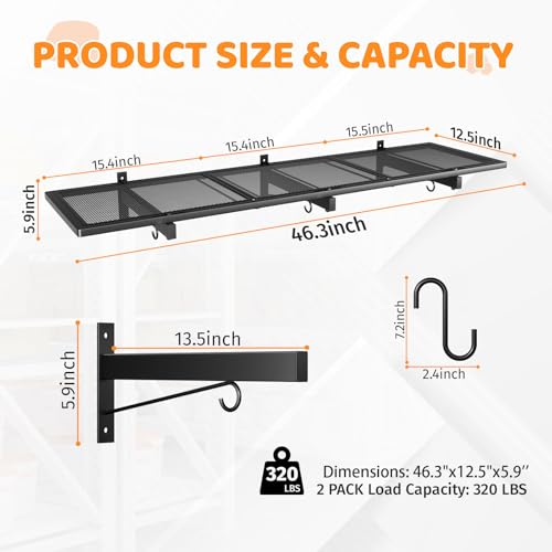 Mogbhw 2 Pack Garage Wall Shelving, 1x3.85ft Heavy Duty Garage Shelving Wall Mounted 320 lbs Load Capacity, Black Garage Storage Shelves Floating Shelves for Basement, Shop, Shed