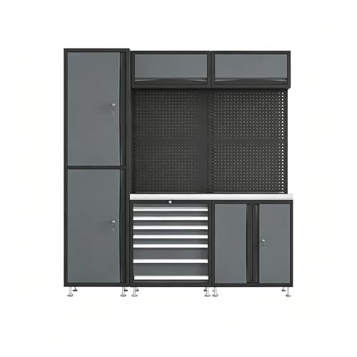 Heavy Duty Garage Storage Cabinet System 4/6/8/10-Piece, Modular Garage Cabinets with Workbench & Rolling Cart for Workshop Organization (grey, 6-pcs)