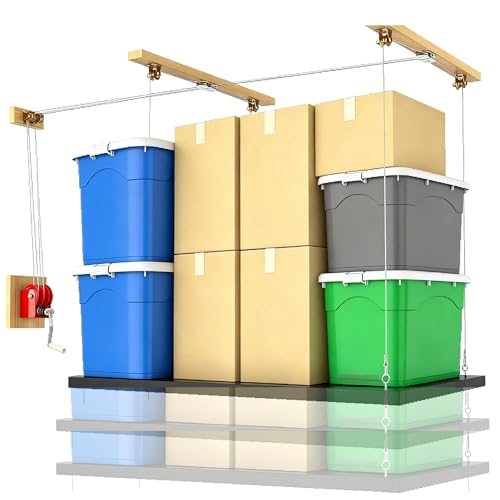 Overhead Garage Lifting Storage Rack, Garage Storage Lift, Garage Ceiling Hoist Organizer for 300 Lb Capacity, Pulley System Supports Ceilings 8-16 Feet High Garage, Easy to Install