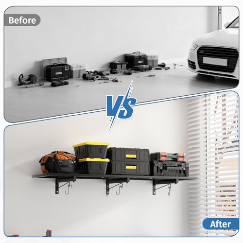 2 Pack Garage Wall Shelving,46"X 12.5" Garage Shelving Wall Mounted,Heavy Duty Garage Storage Rack with 8 Hooks,320 LBS Capacity,Black Metal Floating Organizer Shelves for Laundry,Warehouse (2)