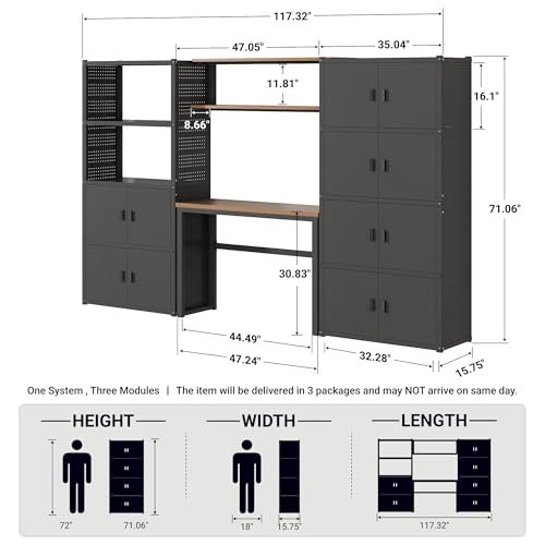 FLEXIMOUNTS Garage Storage Cabinet System, 3-in-1 Modular Metal Tool Cabinet w/ Workbench and Metal Board Shelf Includes Pegboard, 24-Gauge Steel, 117"(L) w/ 6 Doors, Black, FLEXIMOD Series