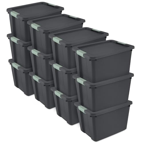 Sterilite 12 Pack 20 Gallon Latch Tote, Stackable Plastic Storage Bin Container, Gray/Green