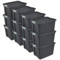 Sterilite 12 Pack 20 Gallon Latch Tote, Stackable Plastic Storage Bin Container, Gray/Green