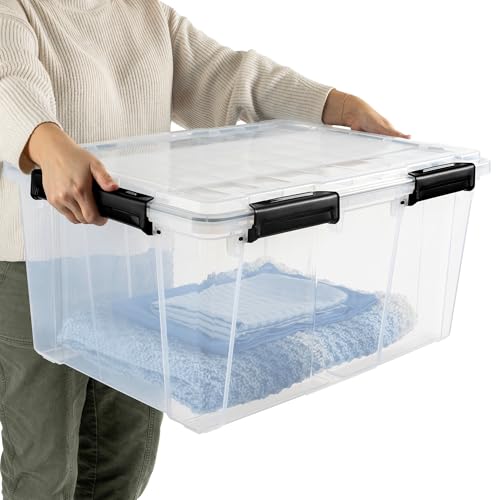 Sterilite 8 Pack 80 Qt Gasket Box, Clear Stackable Plastic Storage Container with Lids, Black - Waterproof and Dustproof Tote for Home Organization
