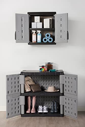 Rubbermaid Freestanding Storage Cabinet with Doors 18"D x 36"W x 37"H Medium Gray/Black Two-Shelf Lockable Cabinet for Indoor/Outdoor/Garage Storage for Garden Tools/Lawn Care Accessories