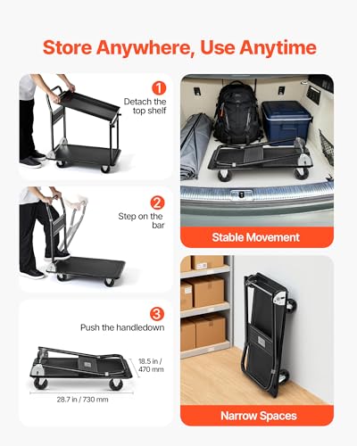 VEVOR Heavy Duty 2 Tier Platform Hand Truck, 700 lbs 2 Tier Push Tool Cart with High-Strength Steel, Utility Cart for Warehouse, Garage, Workshop, Office