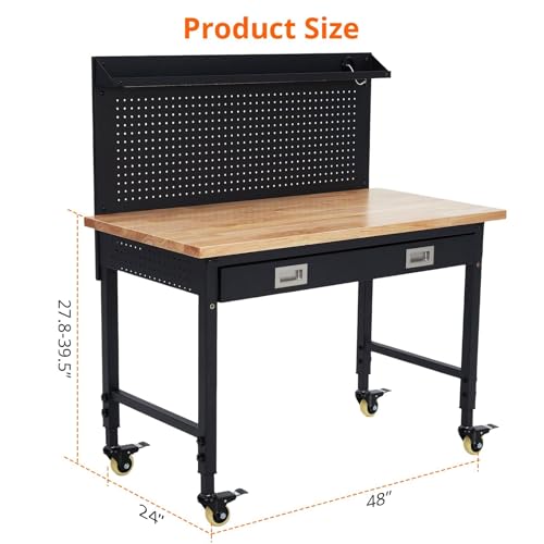 48" Adjustable Workbench with Wheels, 2000 LB Capacity, Power Outlets, Solid Hardwood Top, Heavy Duty Garage Work Table for Workshop, Home Office, DIY